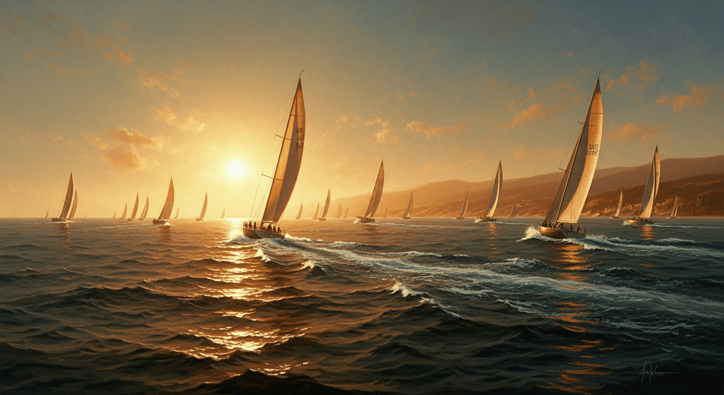 Racing yacht fleet at golden hour